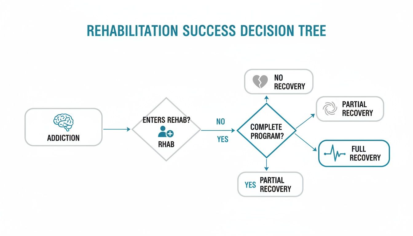 Decision tree illustrating addiction recovery outcomes based on rehab entry and program completion.