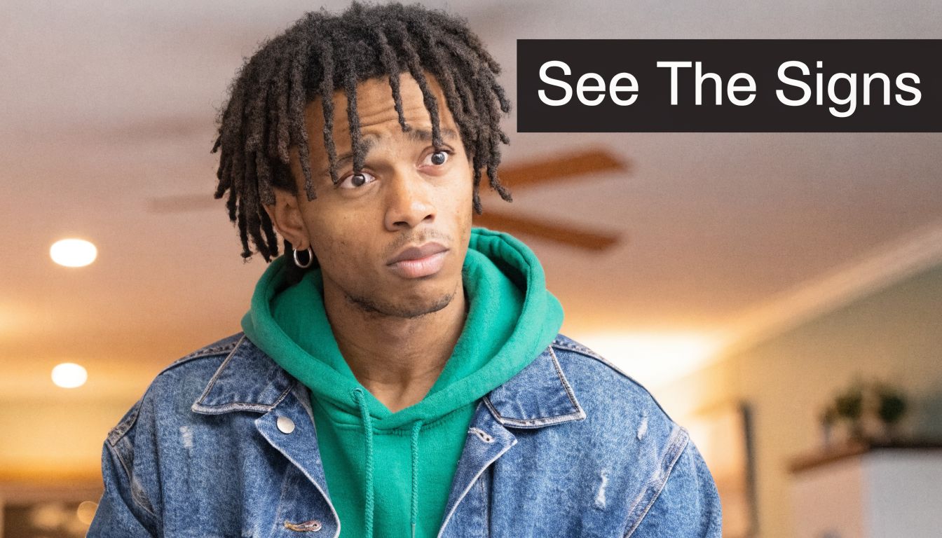 A young man with dreadlocks wearing a green hoodie and denim jacket looking concerned.