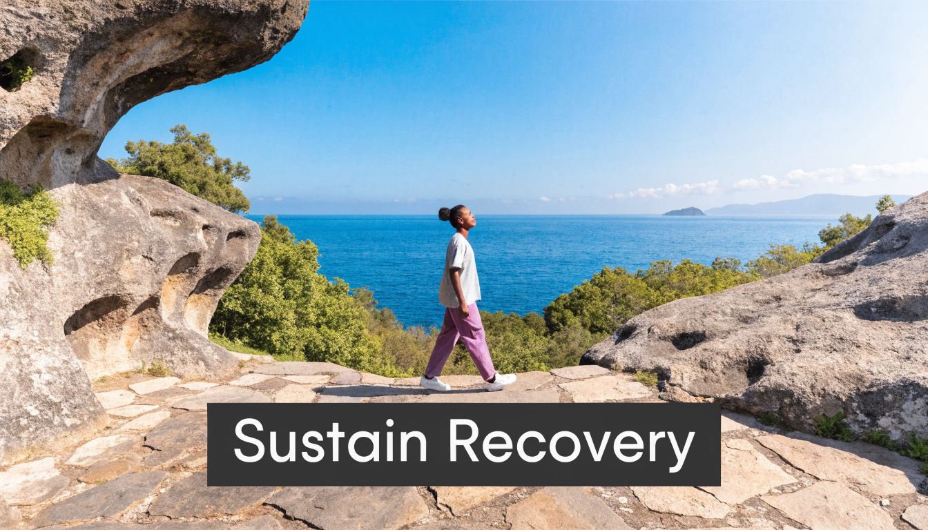 A person walking peacefully on a stone path overlooking a scenic ocean bay during recovery.