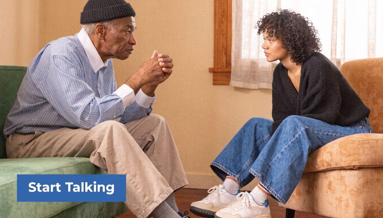 An older man wearing a beanie and a younger woman having a serious, supportive conversation together indoors.