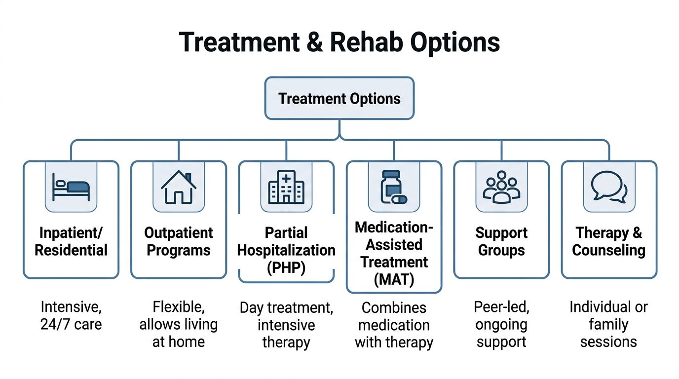 A chart showing six different treatment and rehabilitation options for addiction, ranging from inpatient care to therapy.