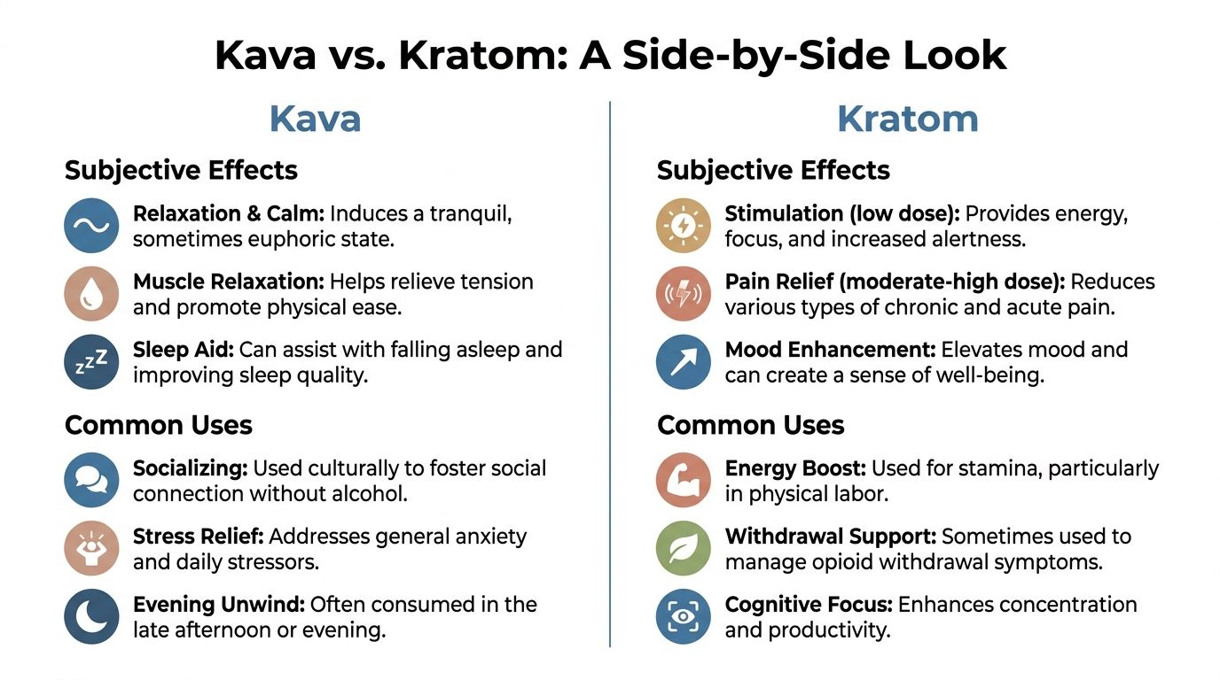 A comparison chart showing the differences between kava and kratom, detailing their subjective effects and common uses.
