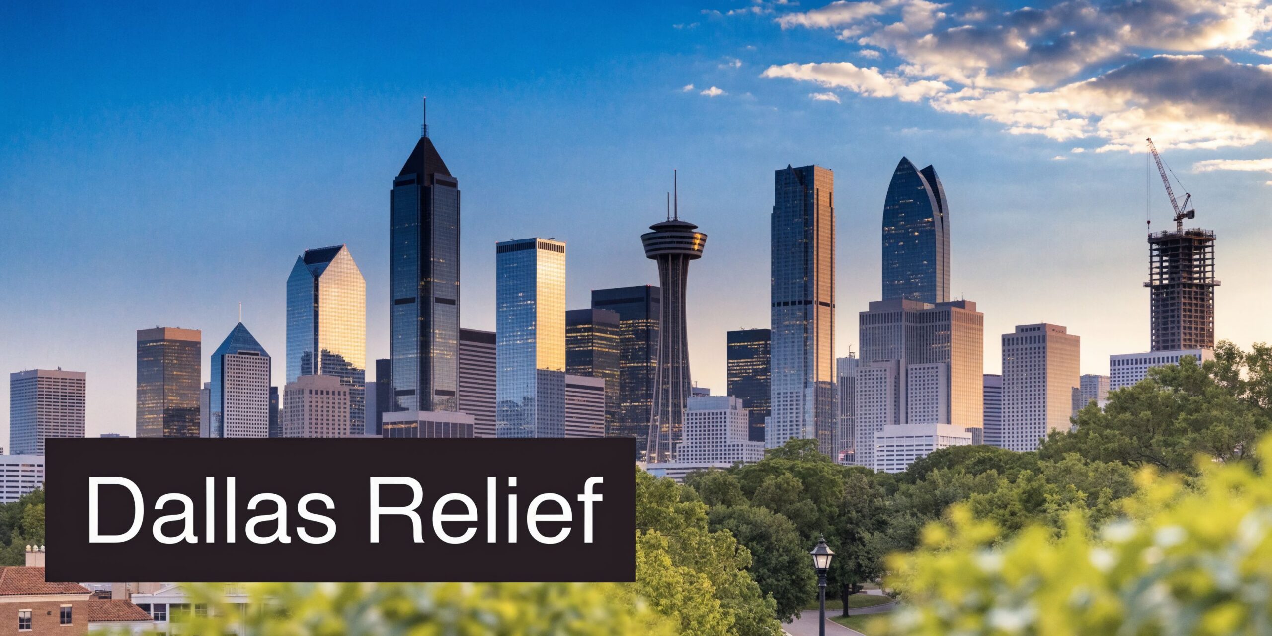 A wide angle view of the Dallas skyline at sunset featuring tall buildings and lush green trees.