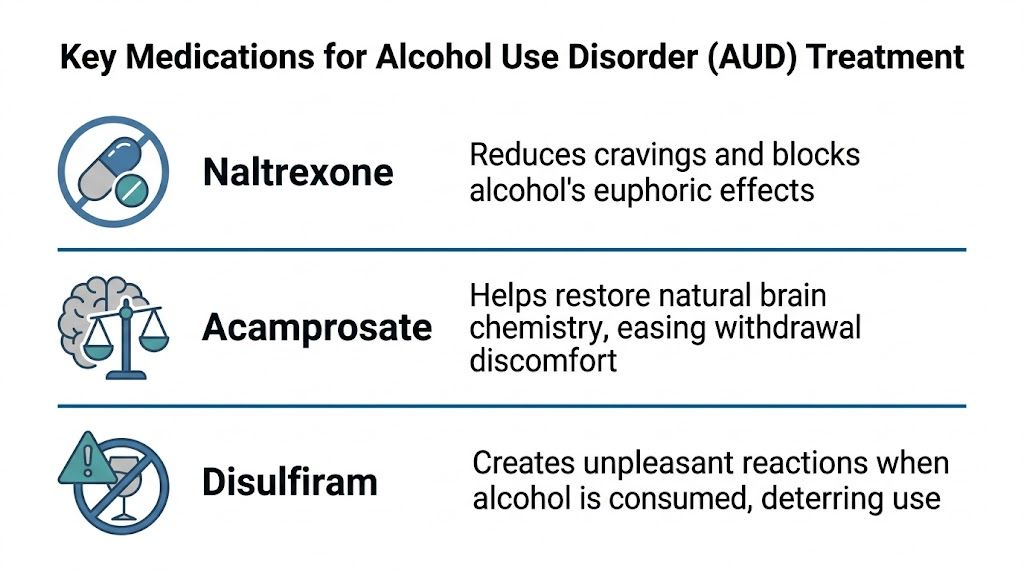 An infographic listing three key medications used for the treatment of alcohol use disorder and their effects.