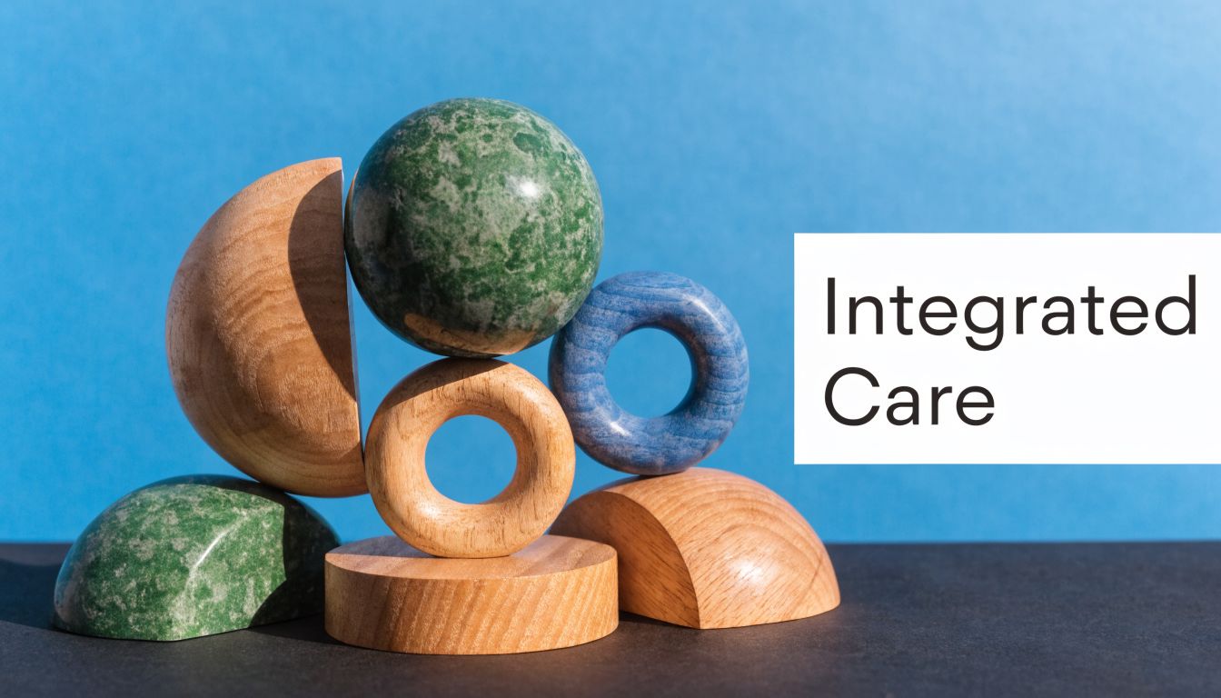 A collection of wooden and stone geometric shapes arranged artistically on a flat surface against a blue background.