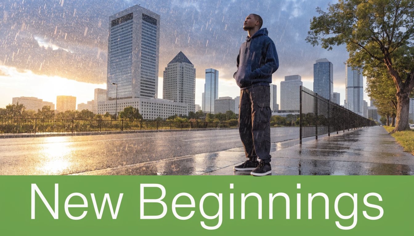 A young man standing on a wet sidewalk in a city during rainfall looking up hopefully.