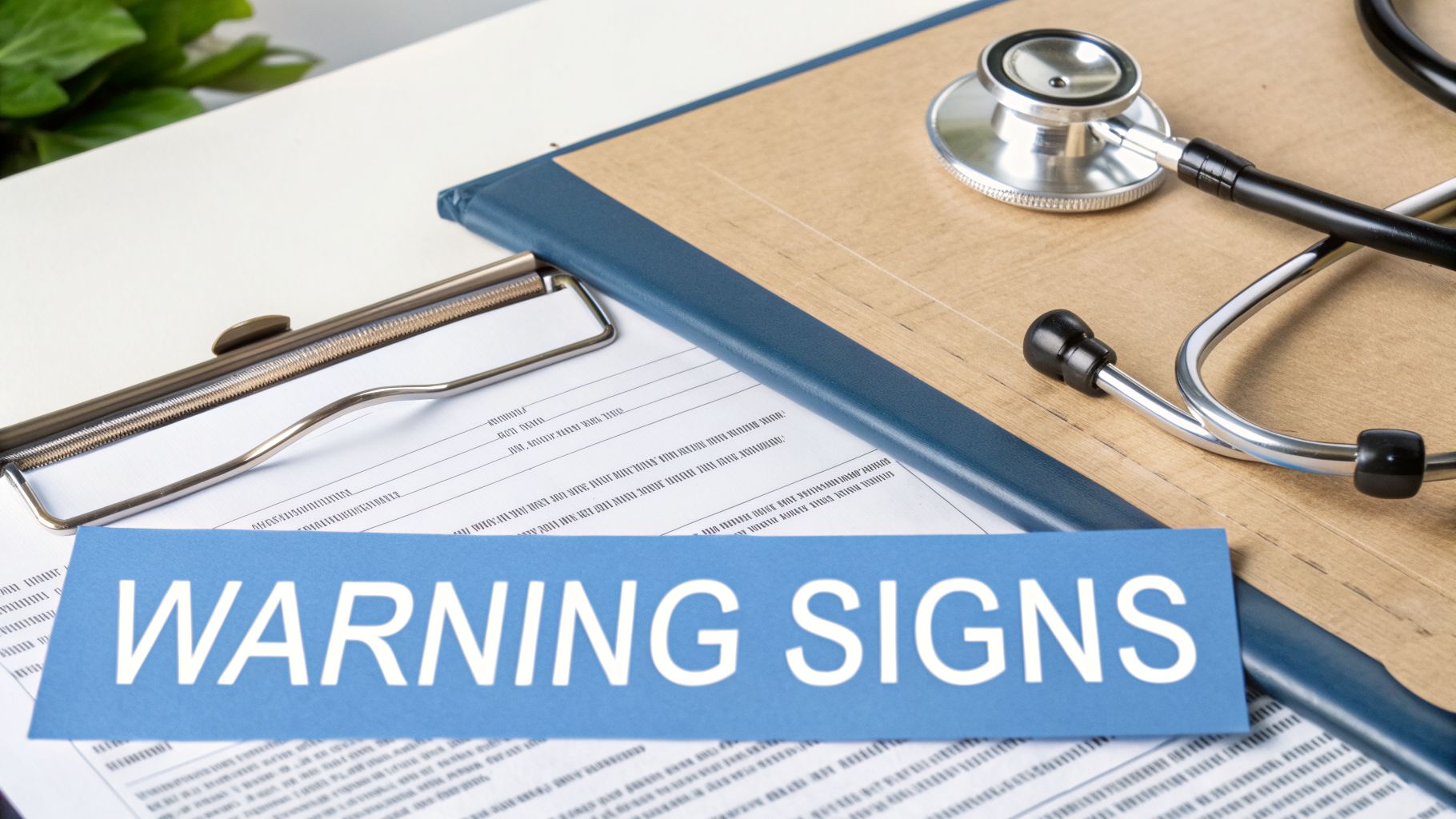 A stethoscope rests on a clipboard with a blue card prominently displaying 'WARNING SIGNS' amidst medical documents.