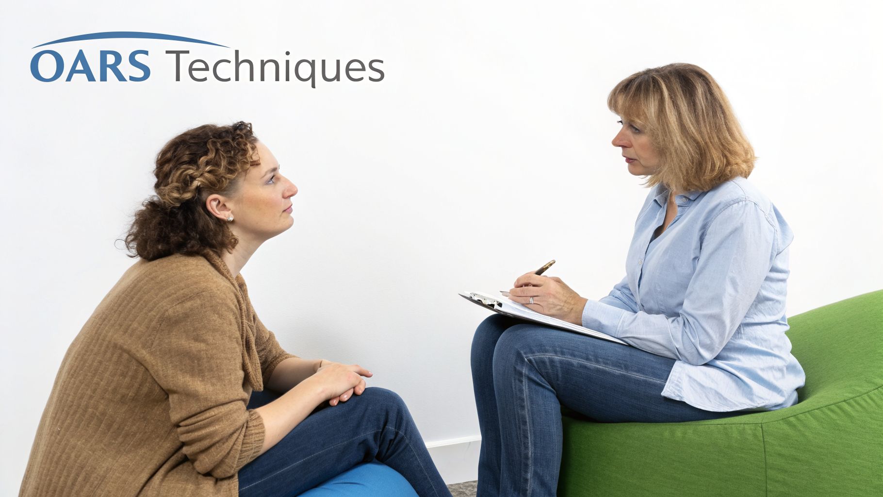 Two women engage in a counseling session, one taking notes, under the 'OARS Techniques' logo.