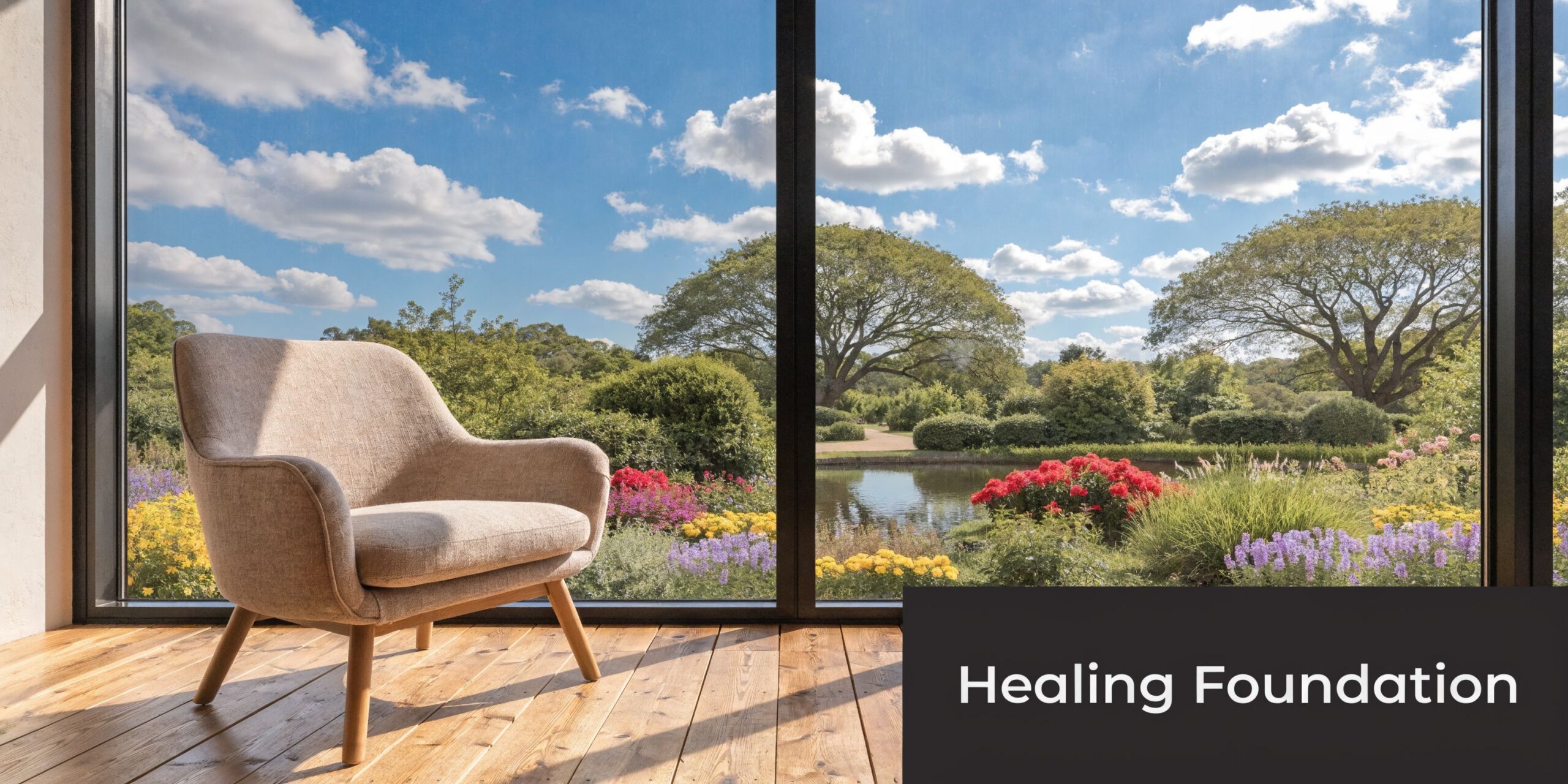 A cozy armchair sits on a wooden floor in front of a large window overlooking a scenic garden.