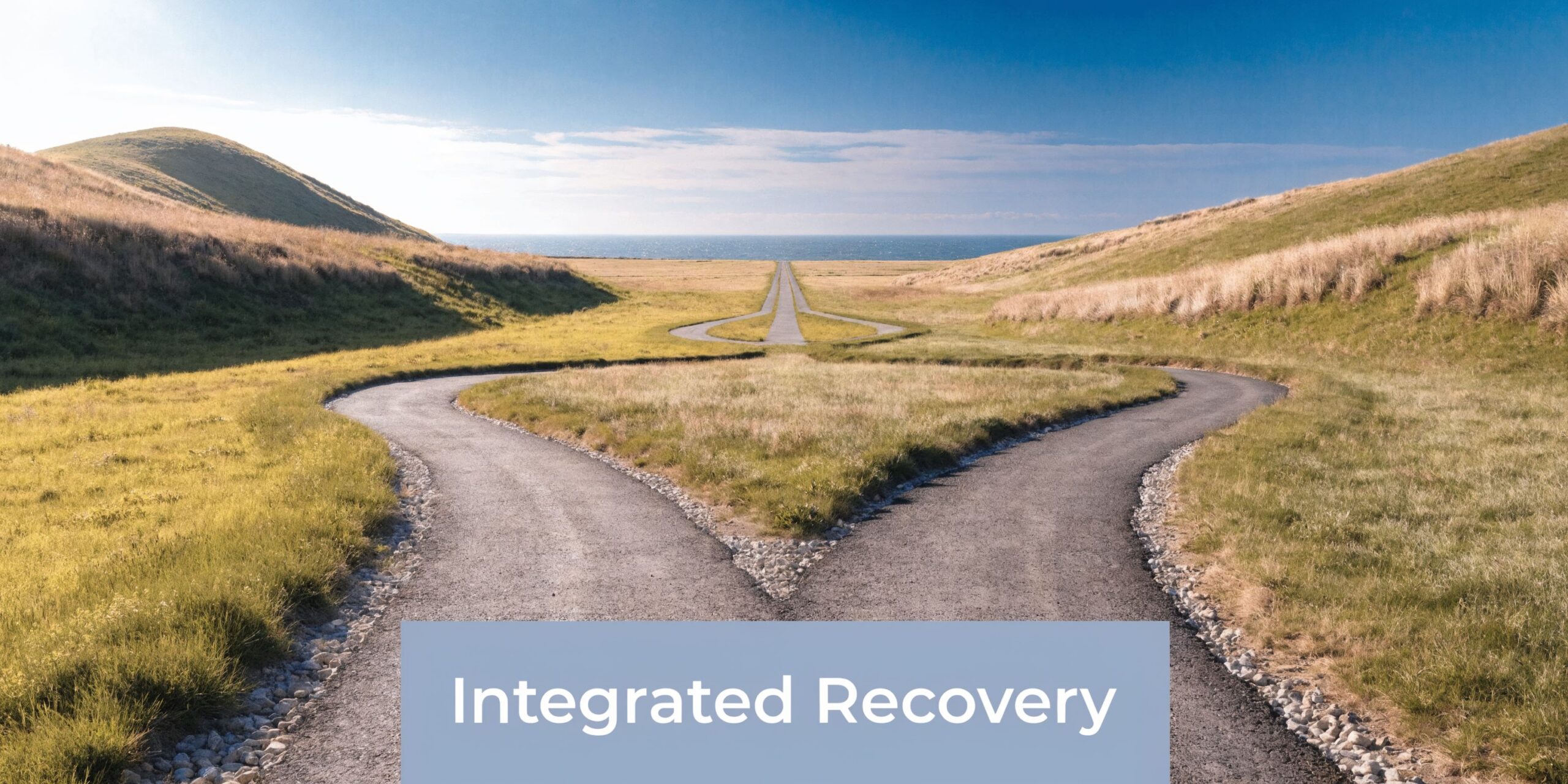 A scenic landscape featuring a split road through rolling hills leading towards a distant ocean horizon.