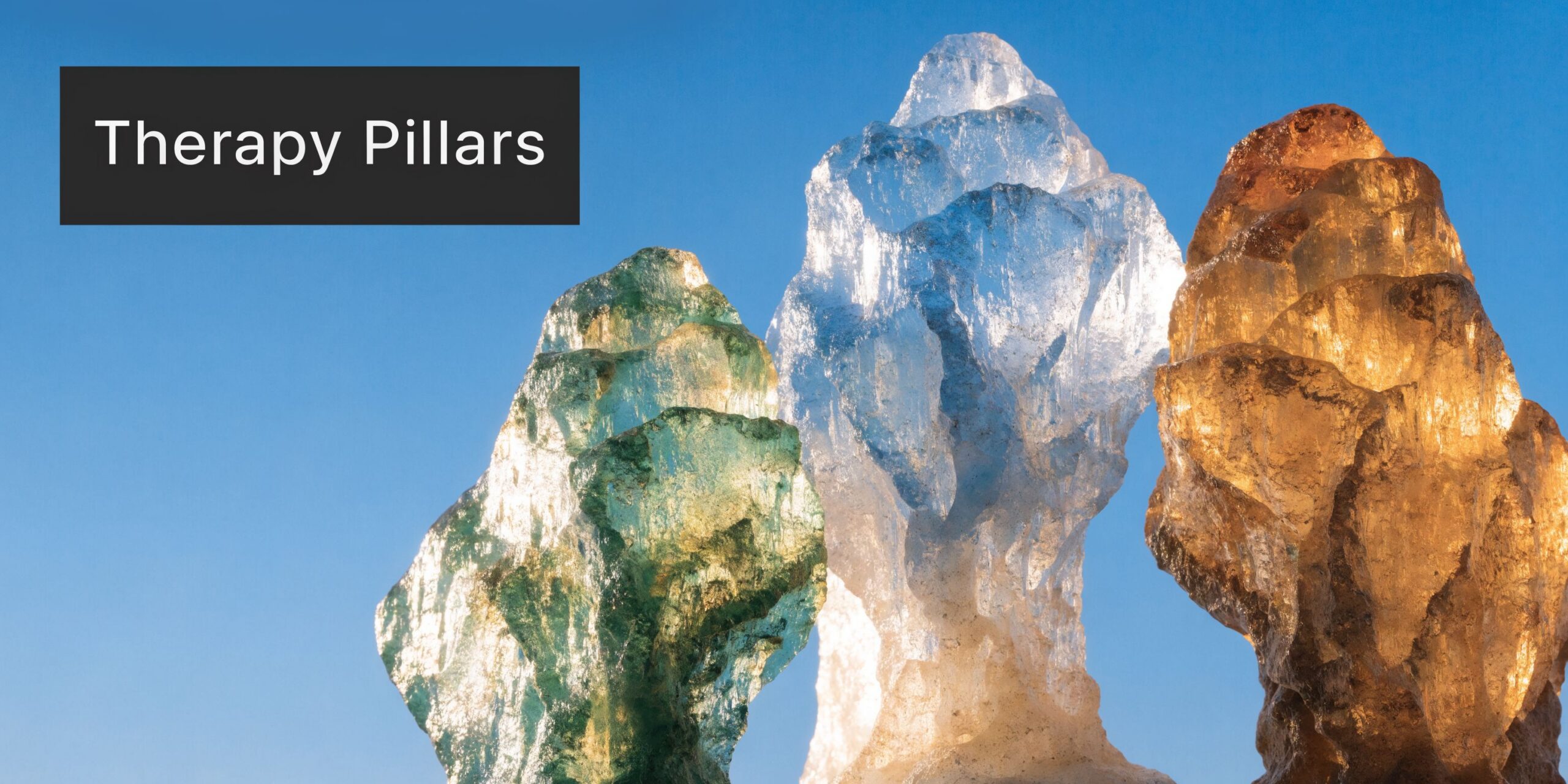 Three colorful, crystalline therapy pillars glowing against a clear blue sky, symbolizing clarity and healing.
