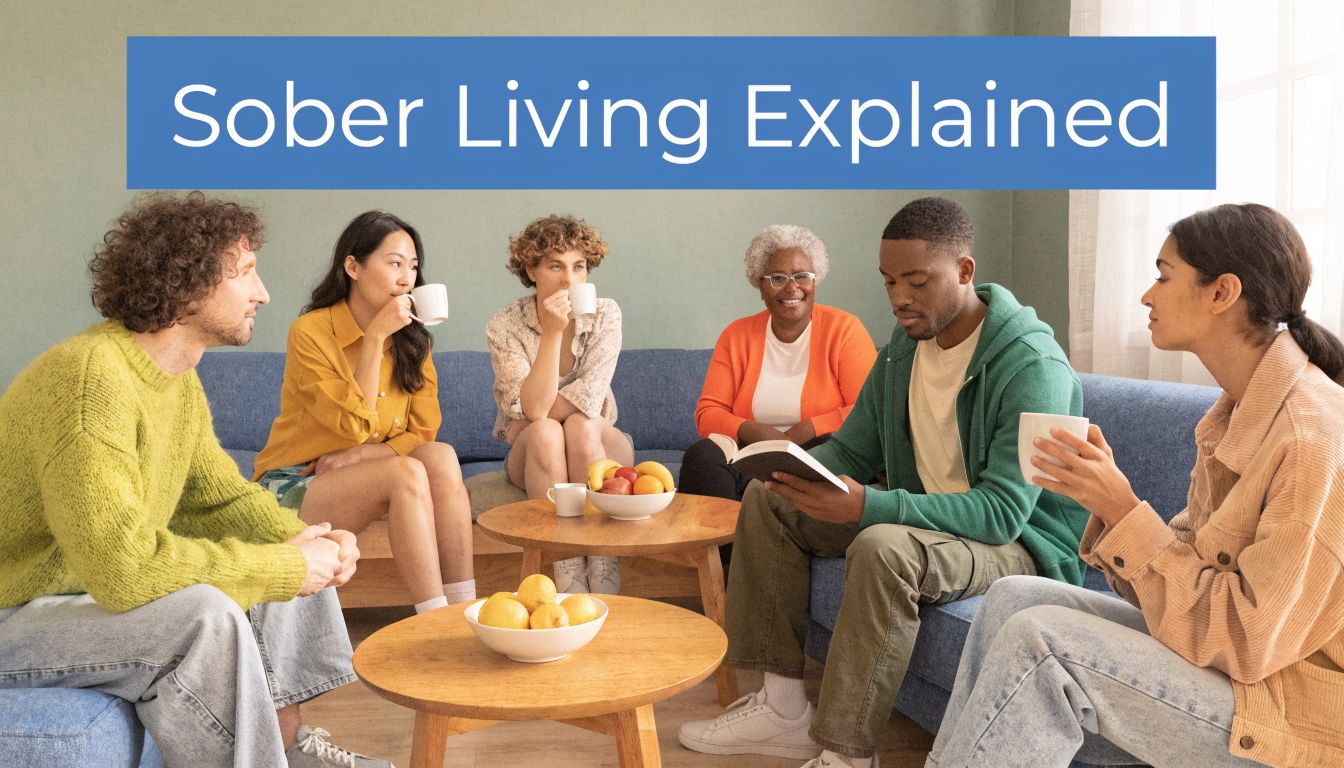 A diverse group of five people sitting together on couches in a living room, holding mugs.