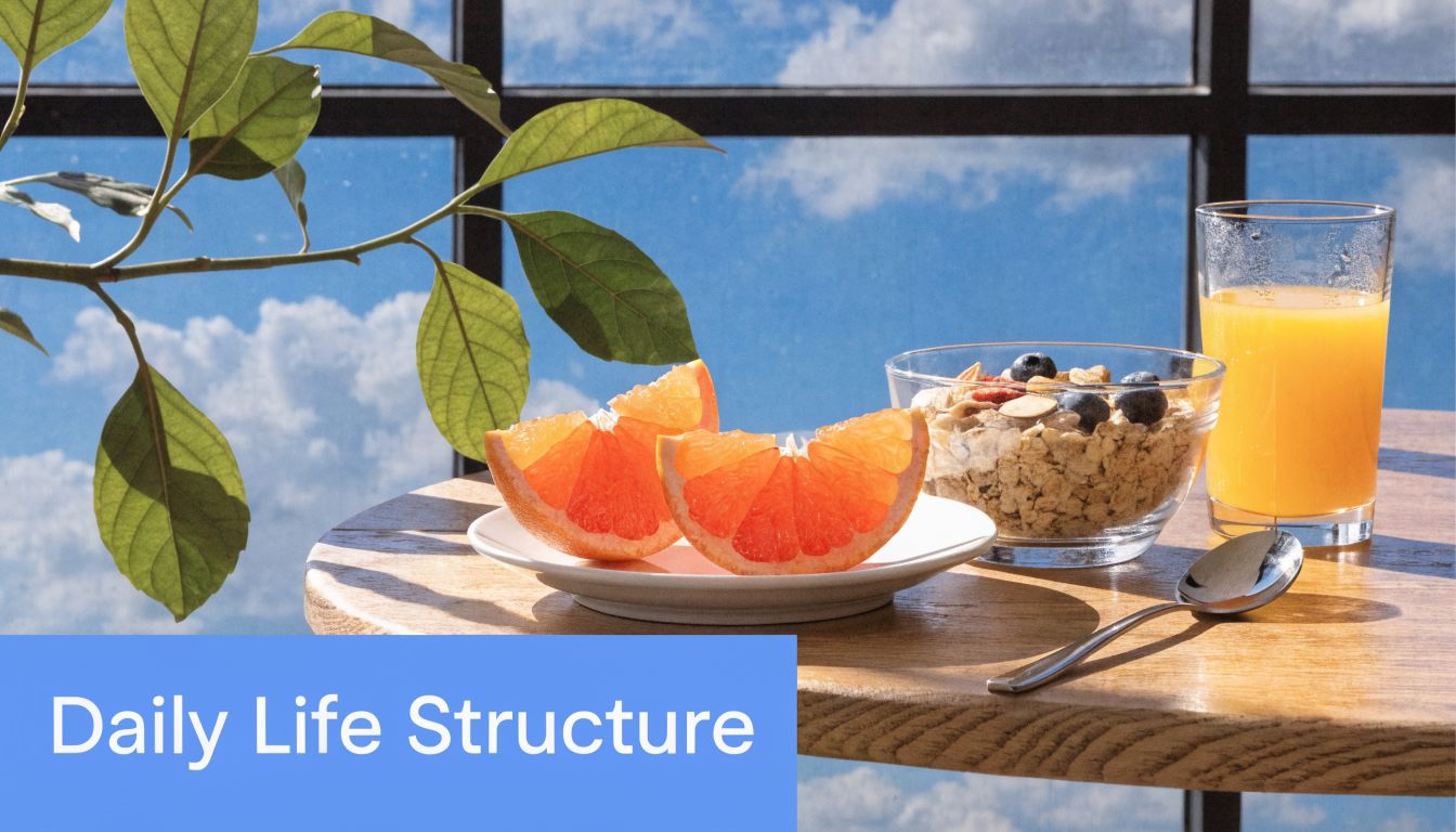 A healthy breakfast with sliced grapefruit, a bowl of oatmeal, and orange juice on a wooden table.