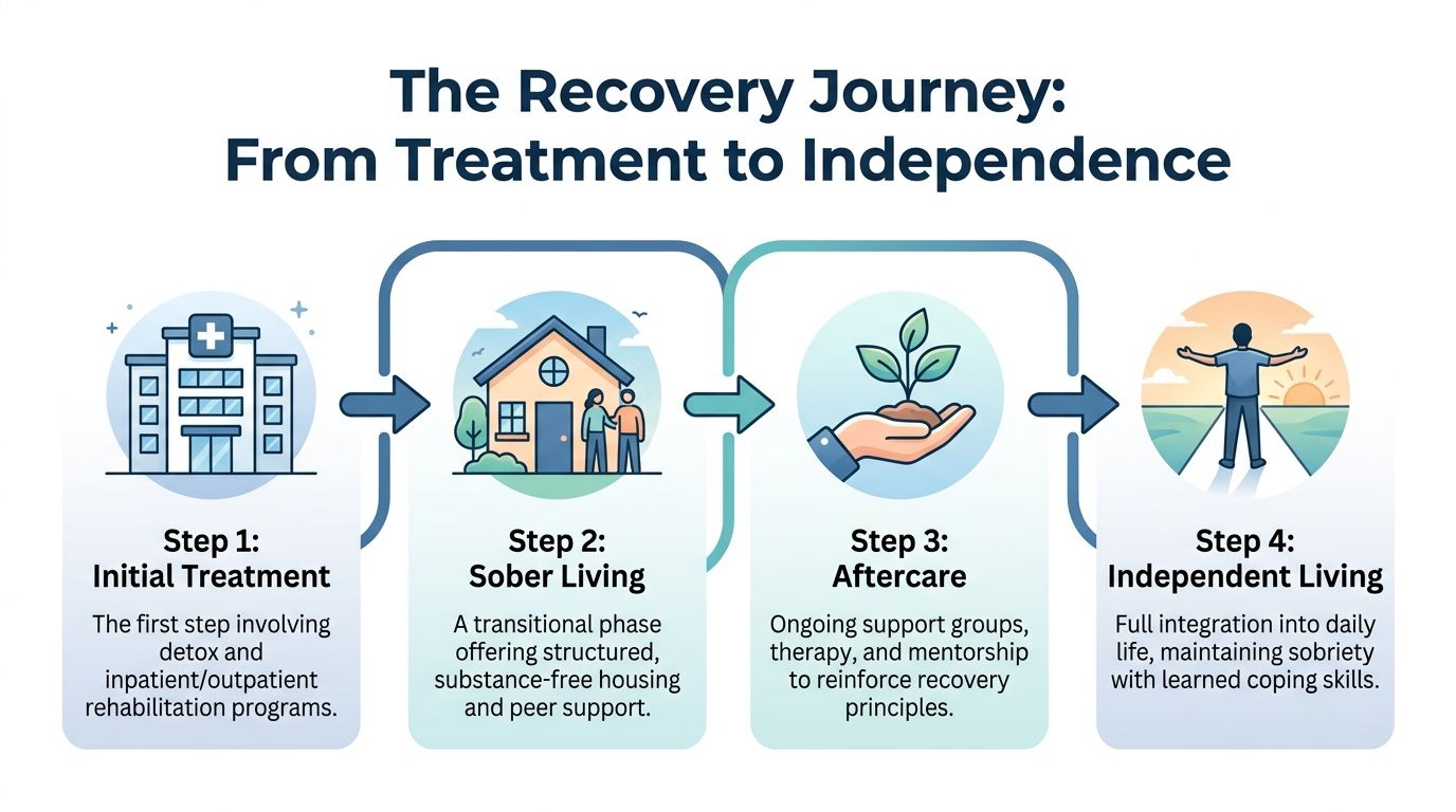 A four-step infographic illustrating the recovery journey from initial treatment to independent sober living.