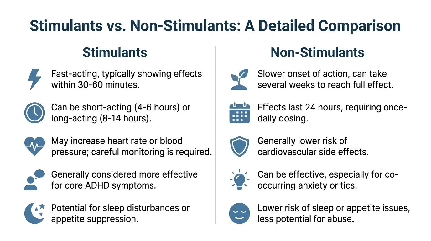 A comparison chart outlining the key differences between stimulant and non-stimulant medications for treating ADHD symptoms.