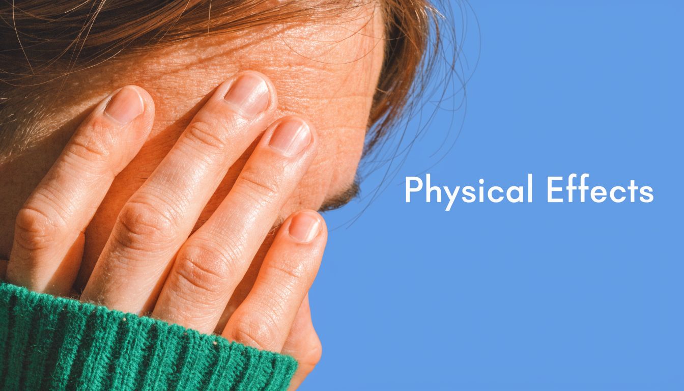 A close-up view of a person with their hand over their face illustrating physical health effects.