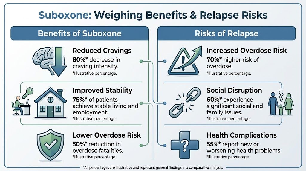 An infographic comparing Suboxone benefits against the risks of drug relapse for patients in recovery.