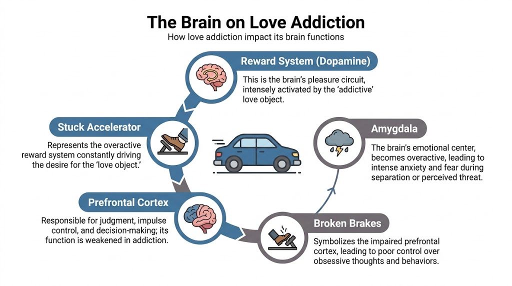 A diagram explaining how love addiction affects brain functions using the metaphor of a car's control systems.