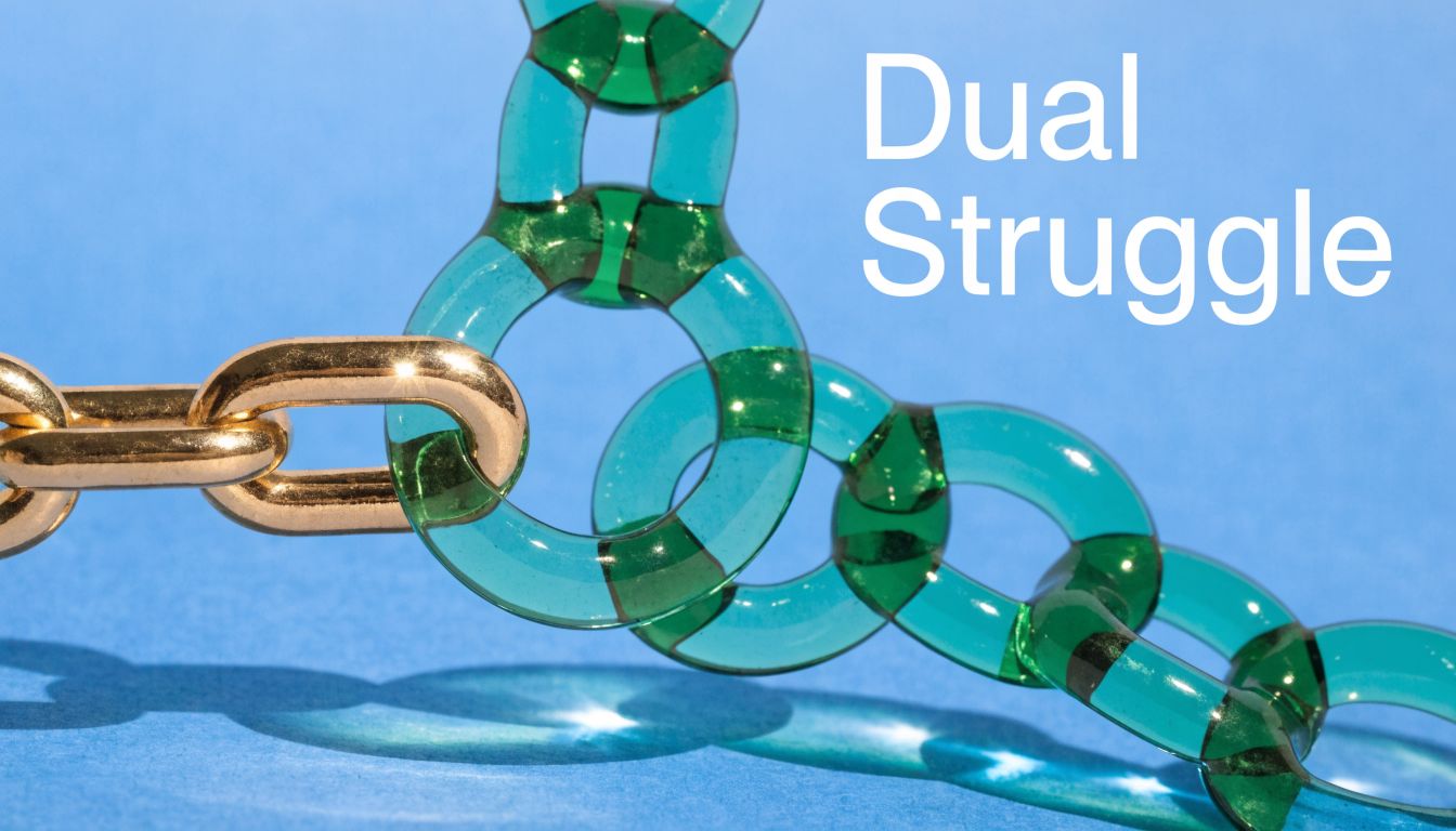 A conceptual image showing a gold chain linking to a chain of translucent green plastic rings.