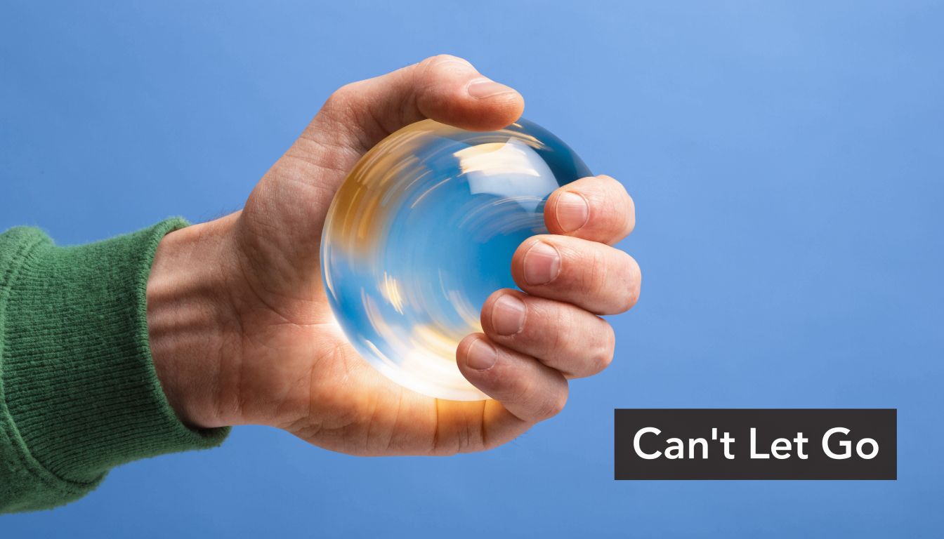 A hand tightly gripping a glowing transparent glass sphere against a solid blue background, symbolic of attachment.