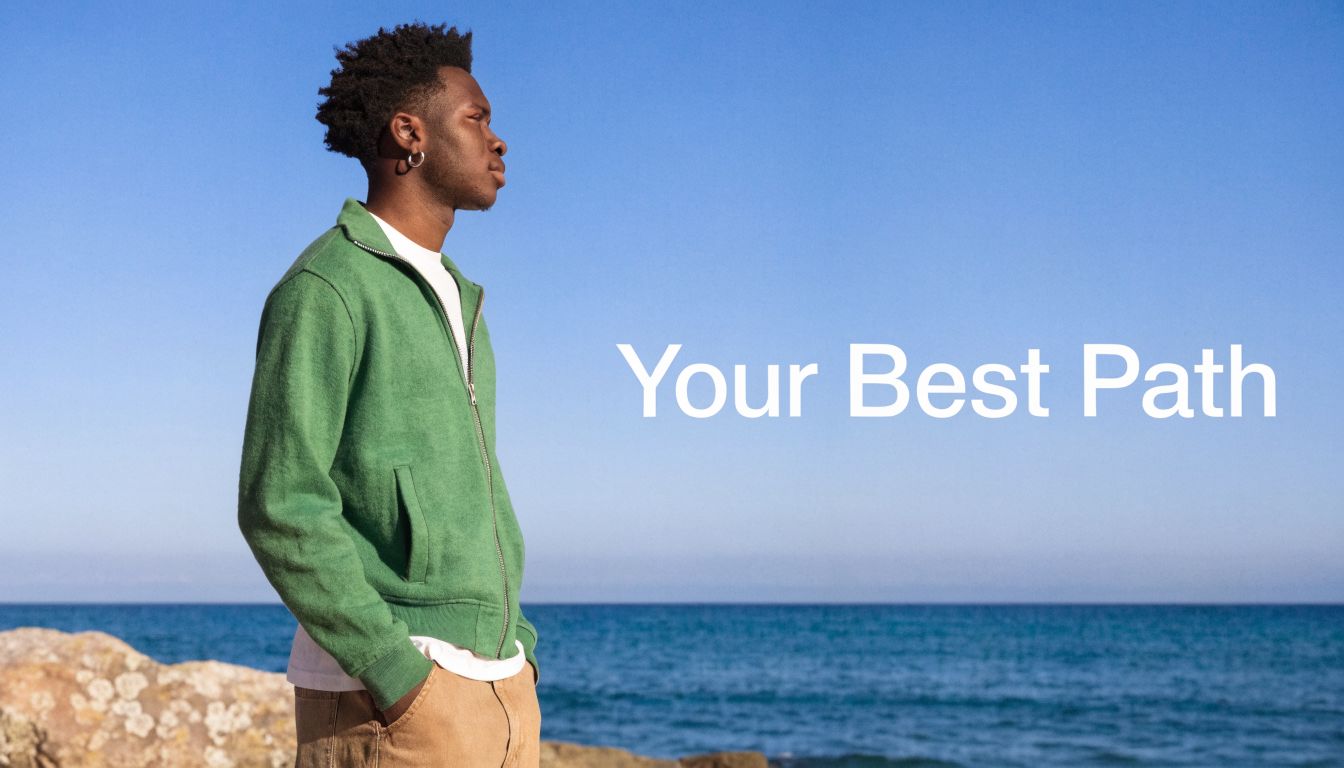 A young man standing by the ocean looks toward the horizon under a clear blue sky.