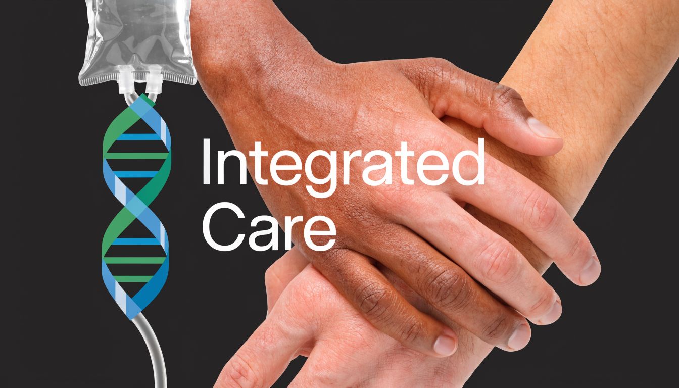 Two hands of different skin tones holding together, symbolizing unity with a DNA strand and IV bag.