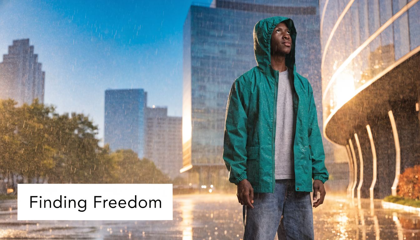 A young man standing in the rain outside city buildings wearing a green hooded waterproof jacket.