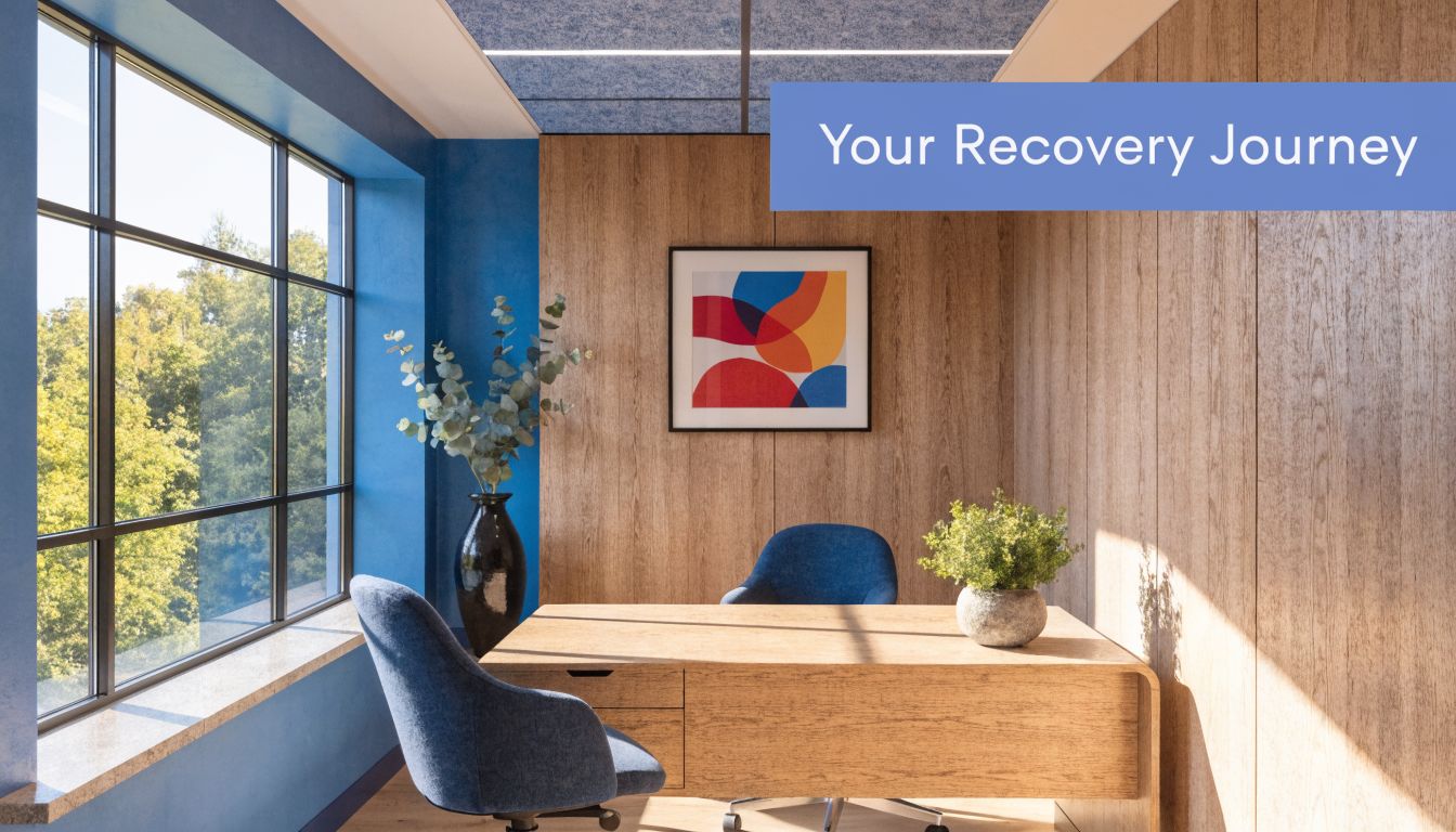 A modern therapy office featuring a wooden desk, blue chairs, and a window overlooking green trees.
