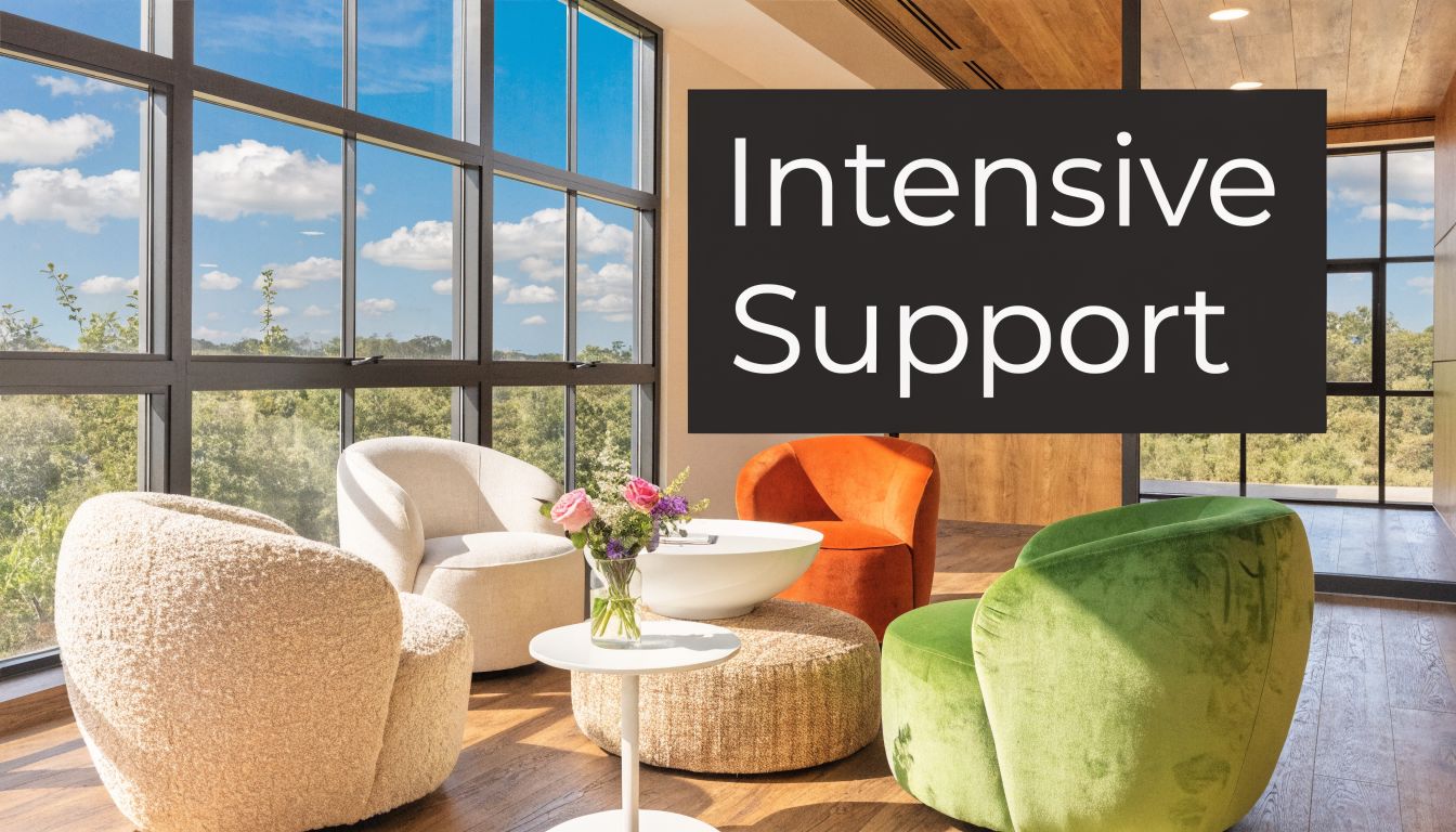A bright, modern lounge area featuring colorful chairs and a coffee table with flowers in a glass vase.