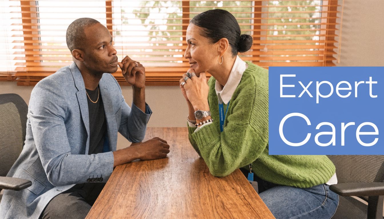 A professional man and a woman sitting at a desk having an engaged, supportive conversation together.