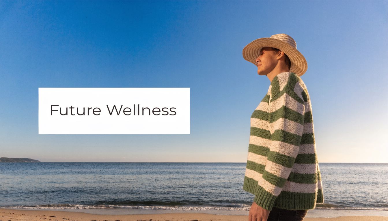 A person wearing a striped sweater and sun hat looking out at the calm ocean.
