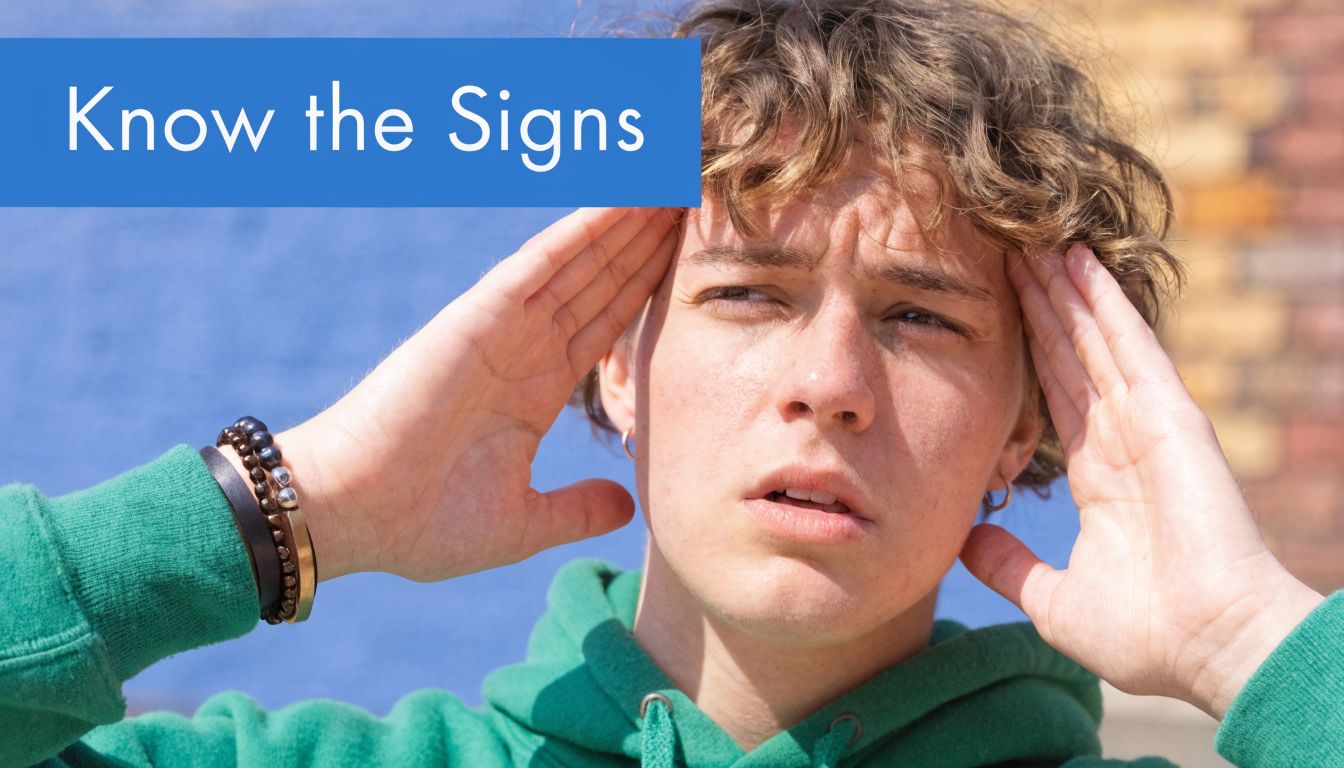 A young person with curly hair appearing distressed while holding their head, with the text Know the Signs.