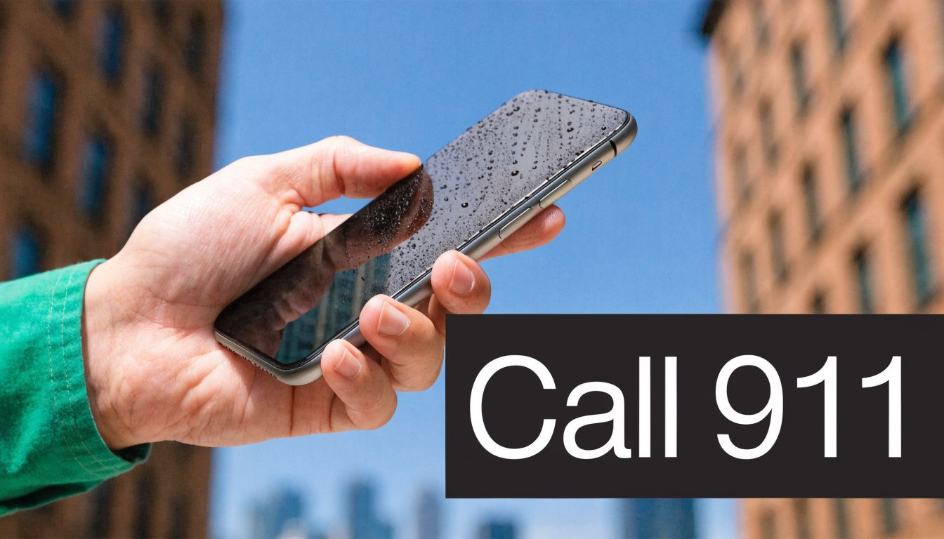 A hand holding a wet smartphone outdoors with the text Call 911 overlaid on the image.