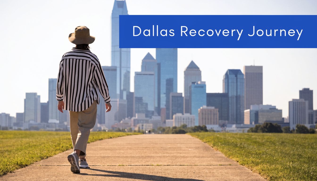A person walks on a pathway toward the Dallas city skyline, representing a positive recovery journey.