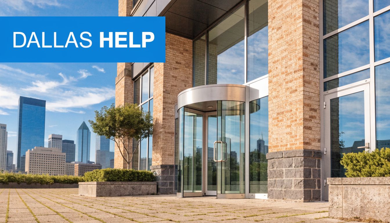 A view of a modern glass revolving door entrance at a contemporary office building in Dallas Texas.