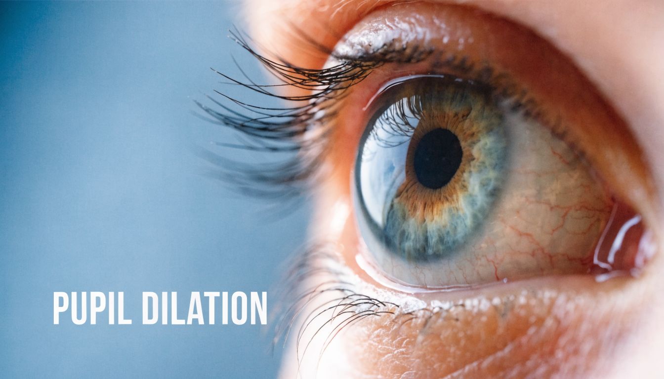 A close-up view of a human eye with an enlarged black pupil, representing pupil dilation.