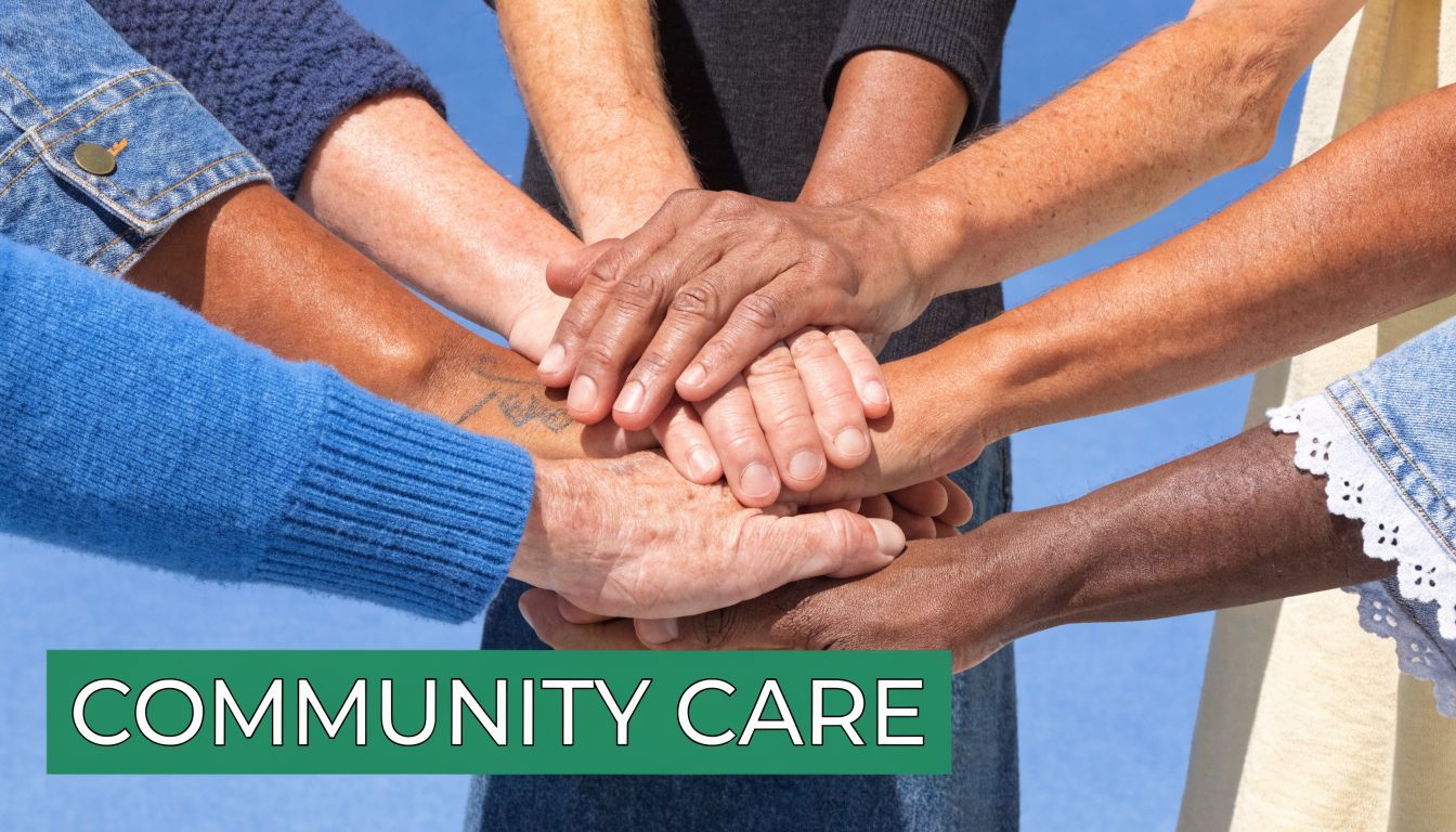 A diverse group of people placing their hands together in the center to signify unity and community support.