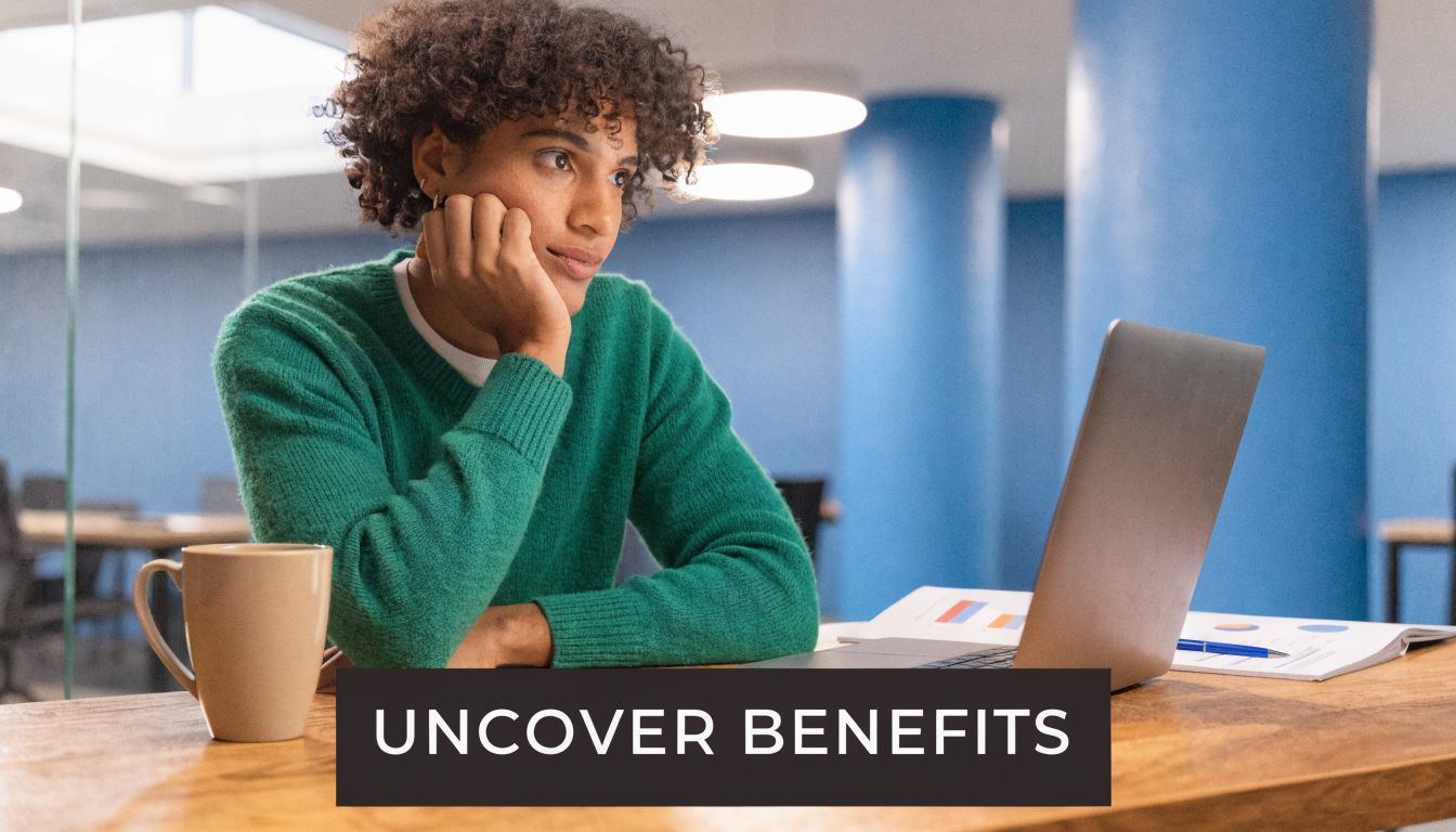 A person with curly hair wearing a green sweater looks thoughtfully at a laptop screen in an office.