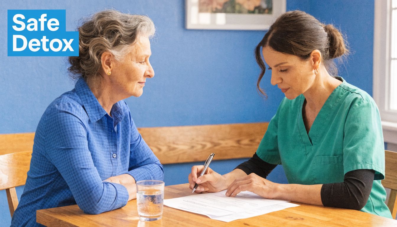 A healthcare professional in a green scrub top assisting an elderly woman with medical paperwork at home.