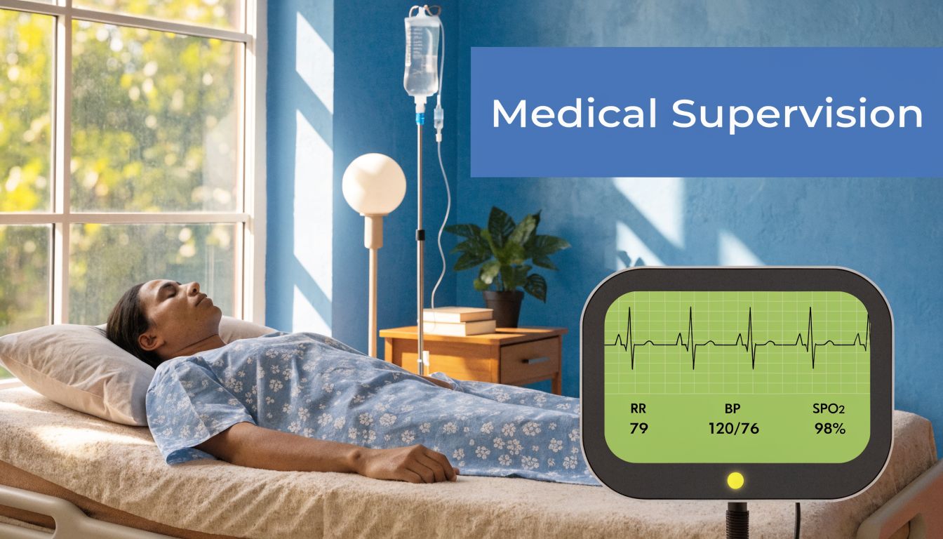 A patient resting in a hospital bed with a medical monitor displaying vitals under supervision.