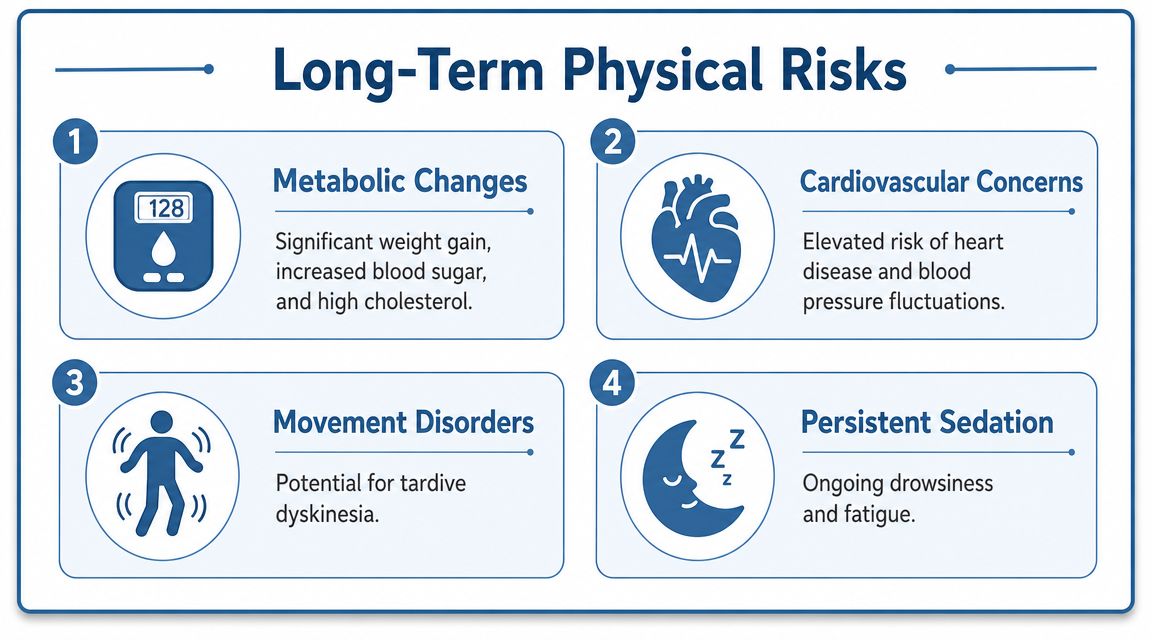 An infographic detailing four long-term physical health risks including metabolic changes, cardiovascular concerns, movement disorders, and persistent sedation.