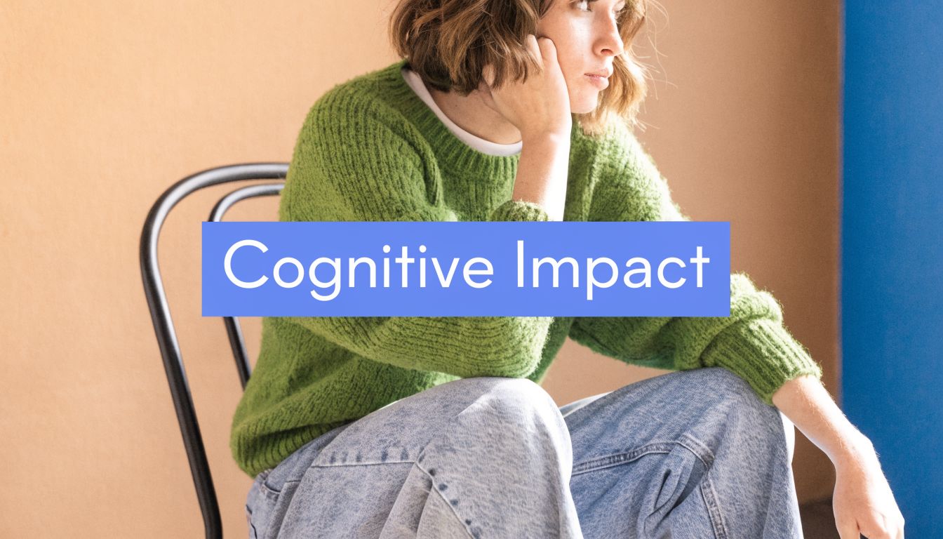 A woman wearing a green sweater looks thoughtful while sitting in a chair, representing cognitive impact.