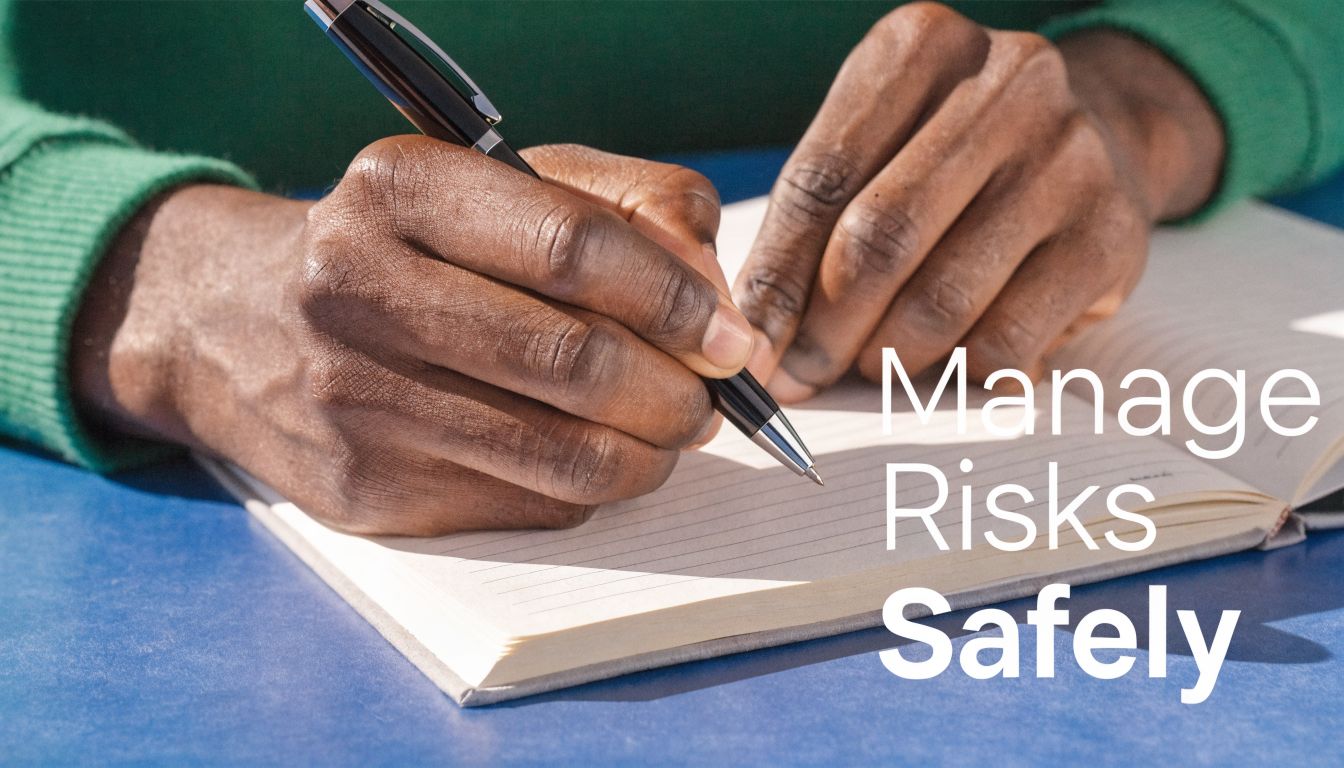 A person writing in a notebook, emphasizing the importance of managing risks safely for mental health.