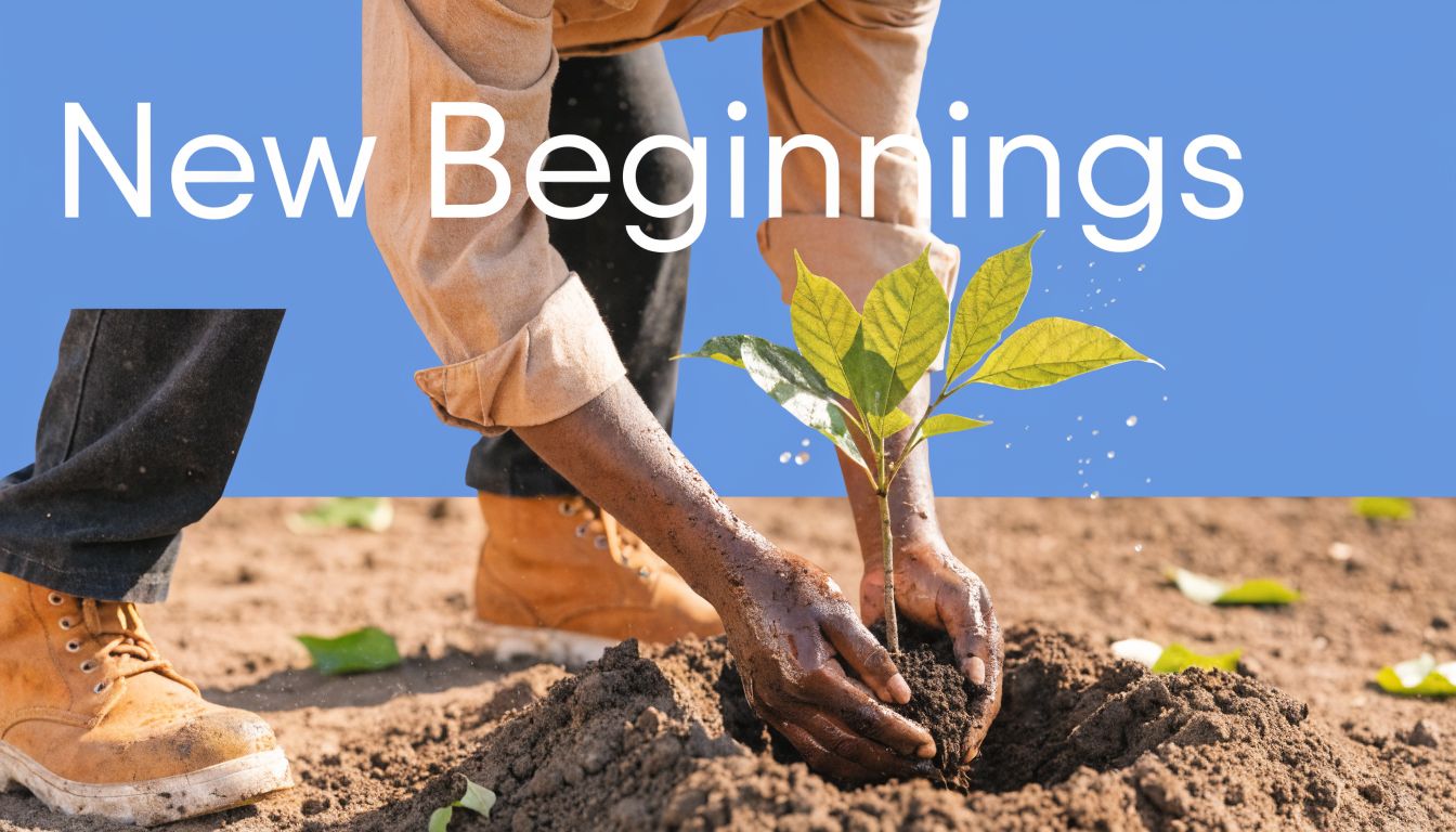 A person planting a small green sapling in soil, representing growth and new beginnings in nature.