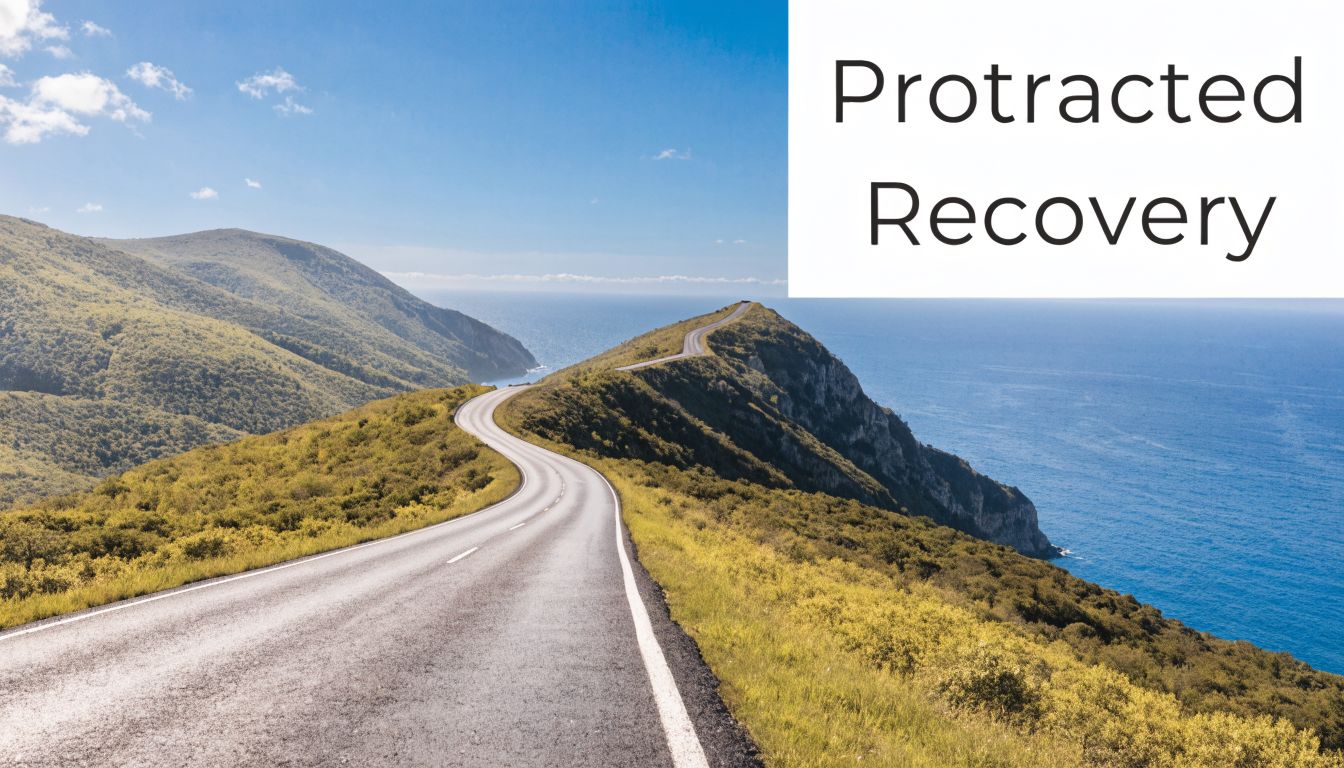 A long winding road stretching over a coastal cliff, symbolizing a long and challenging recovery journey.