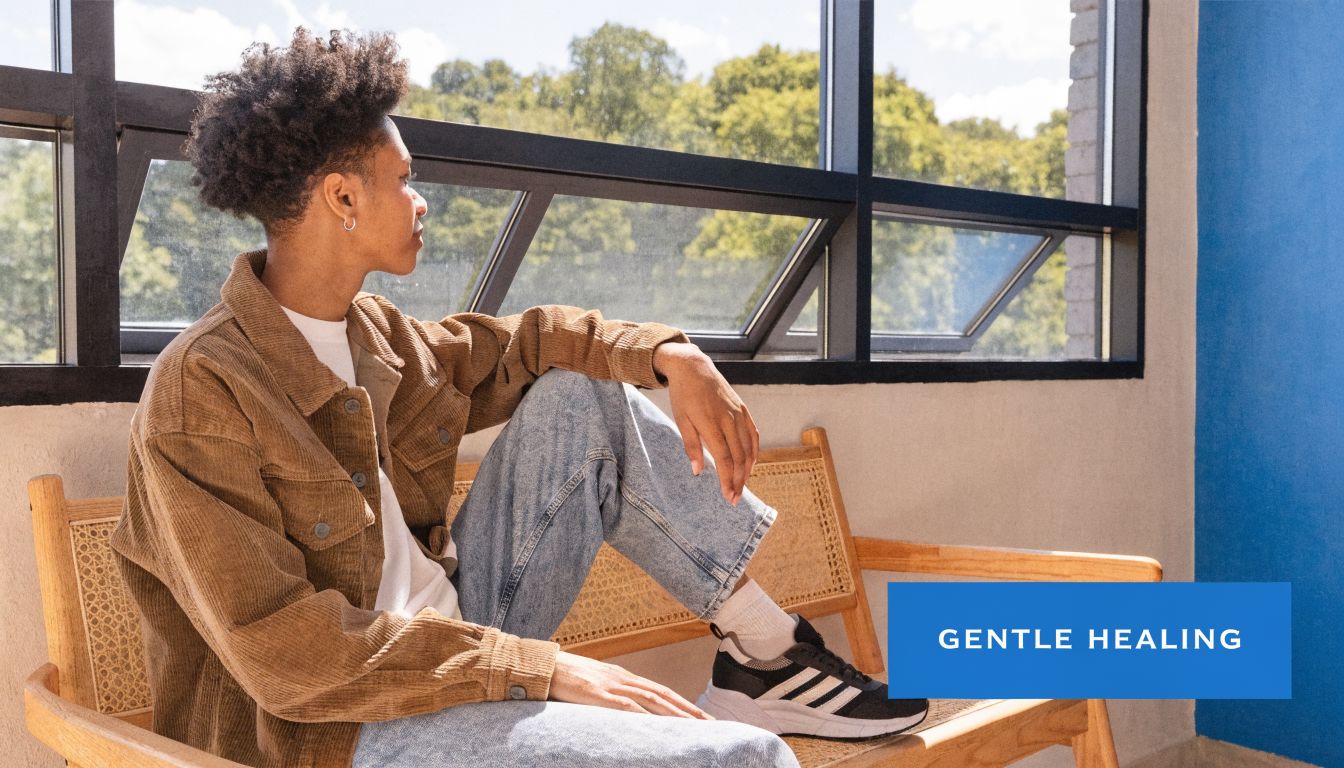 A person sitting on a wooden bench looking out a window, representing outpatient mental health treatment services.