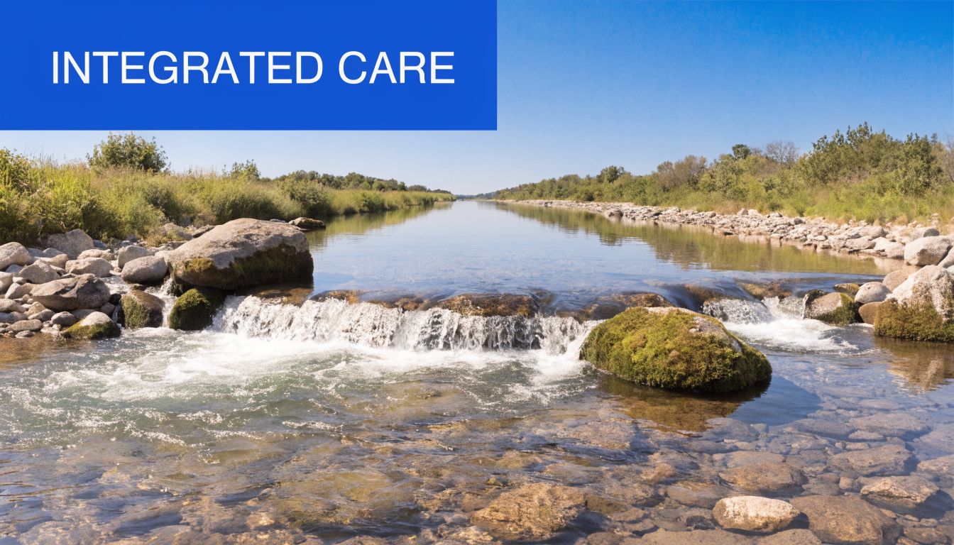 A scenic view of a gentle river flowing over rocks with lush green banks under a blue sky.
