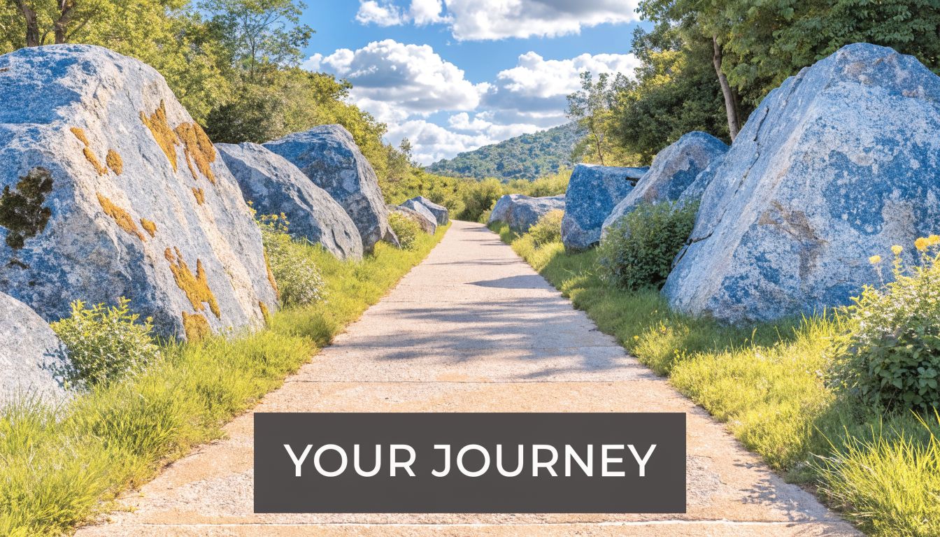 A paved walking path leading through large rocks towards a mountain under a sunny blue sky.