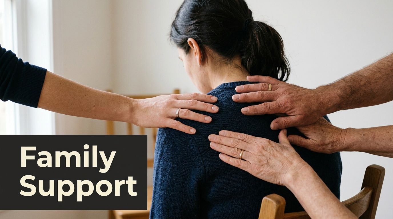 A person sitting with their head bowed while being supported by the hands of family members.
