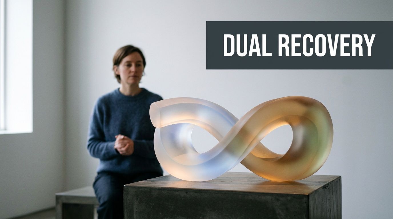 A woman sits near a glowing infinity-shaped glass sculpture placed on a pedestal in an art gallery.